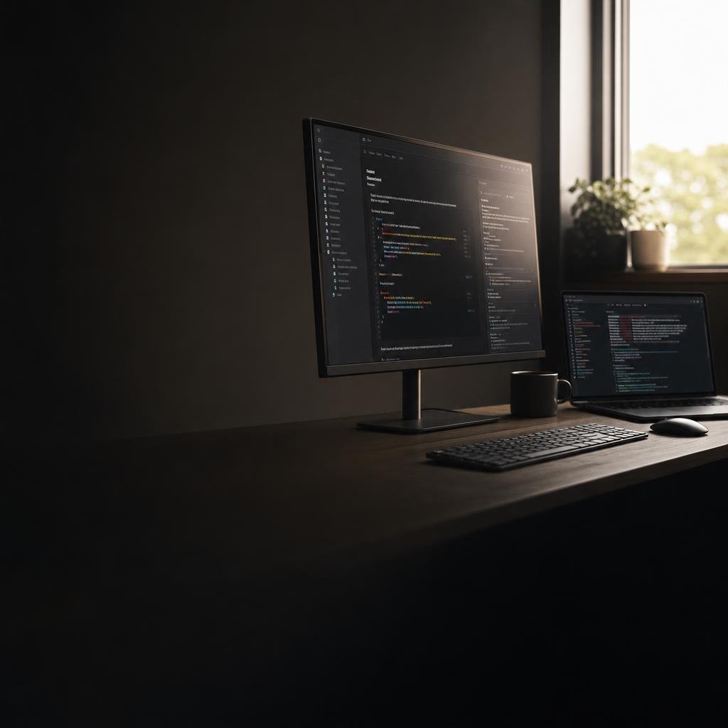 Terminal and editor on a dark desk setup with API docs open